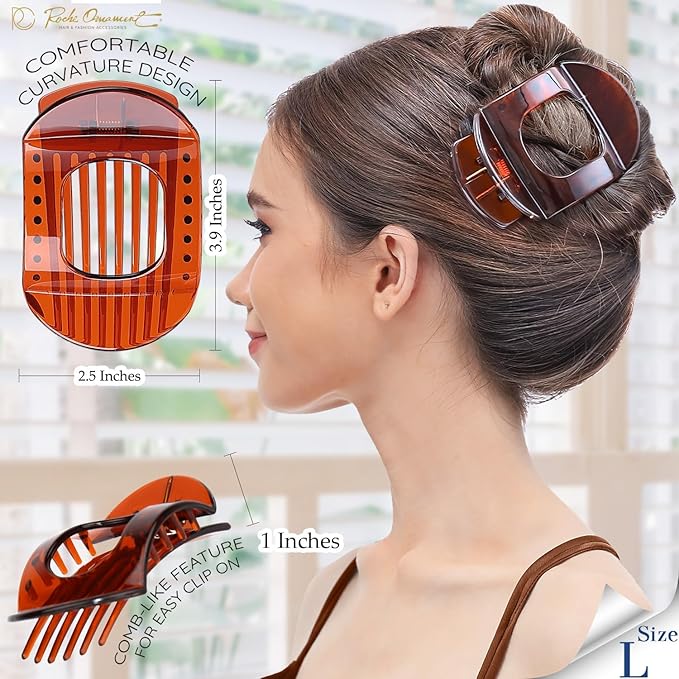 RC ROCHE 6 Pcs Flat Claw Hair Clips for Women Thick Hair French Round Duckbill Square Secure Strong Hold Grip Clamps Barrettes Curved No Slip No Crease Styling Cute Extra Jumbo XL, Large Brown