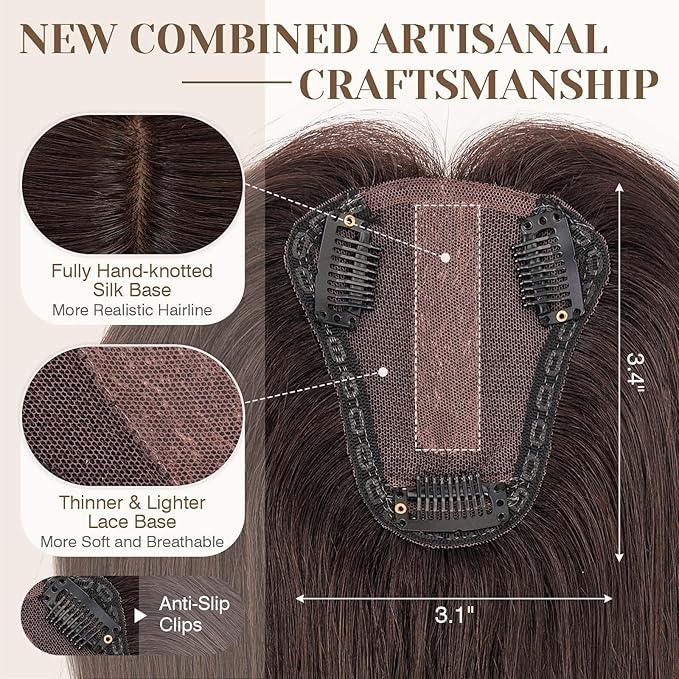 S-noilite Hair Toppers for Women Real Human Hair 3D 360° Cover Clip in 100% Real Human Hair Toppers 3″*4″ Clip in Silk Base 10 inch Natural Dark Brown