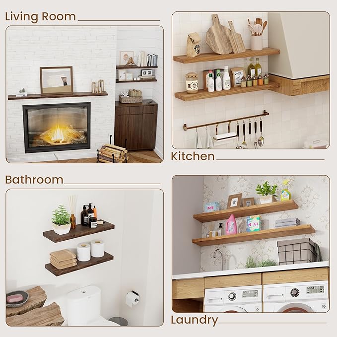 Floating Shelves for Wall Decor, 8" Deep Rustic Solid Elm Wood Floating Shelves Wall Mounted, Wall Shelves with Invisible Bracket for Living Room Bathroom Bedroom Kitchen, 36 Inch Set of 2, Natural
