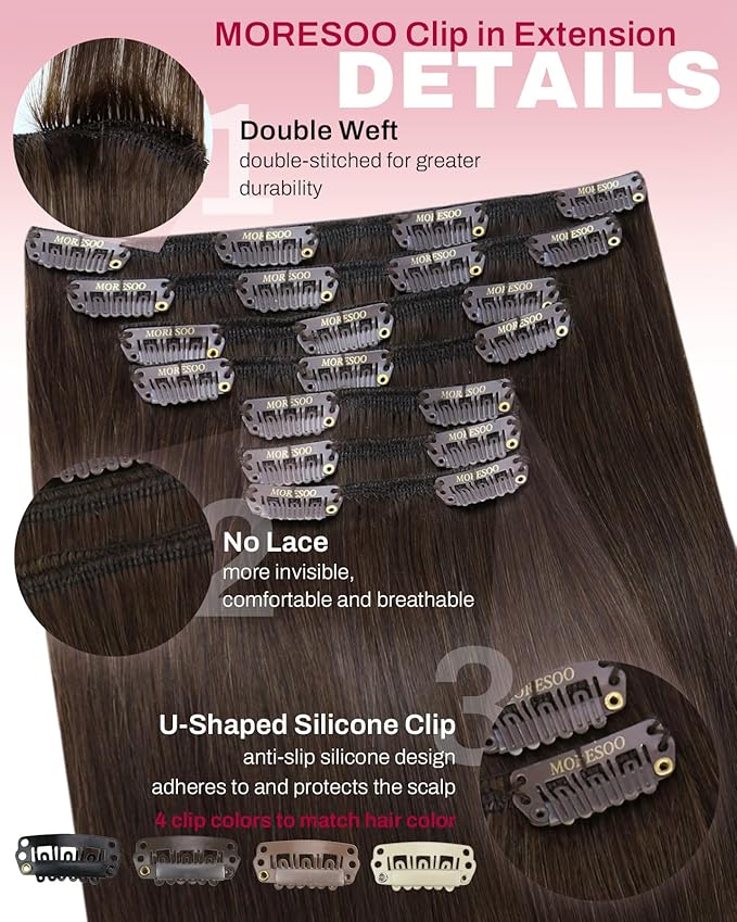 Moresoo Clip in Hair Extensions Remy Double Weft Human Hair Clip in Extensions Straight Hair Extensions for Women Medium Brown #4 7pcs 135g 16inch