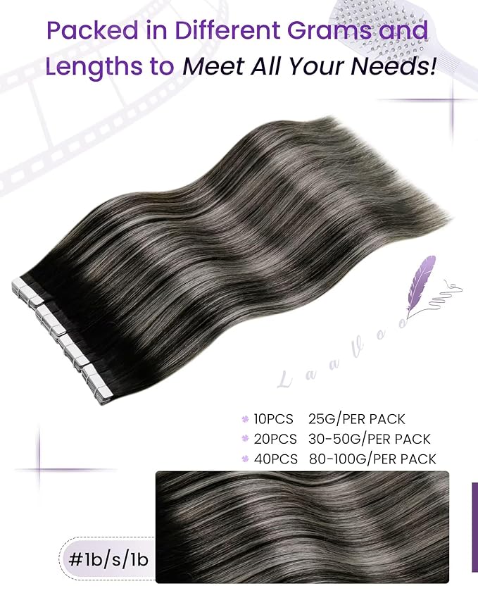 LaaVoo Tape in Human Hair Extensions Ombre Tape in Extensions Human Hair Balayage Natural Black to Silver Grey 20pcs/30g 12 Inch