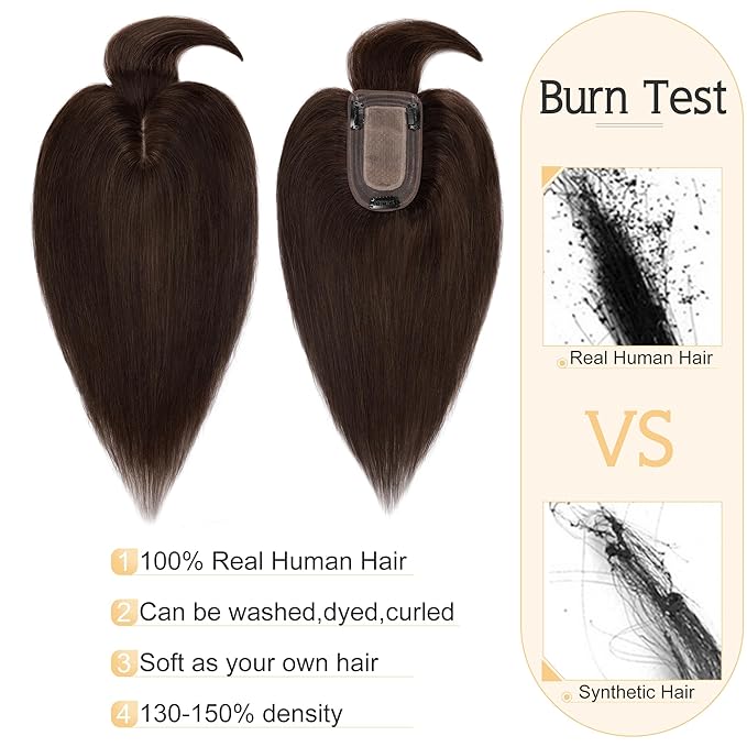 SEGO Hair Toppers for Women Real Human Hair With Bangs, 7 * 13CM Silk Base 100% Remy Human Hair Clip in Top Wiglet Hairpieces Add Volume -8 Inch 2 Dark Brown