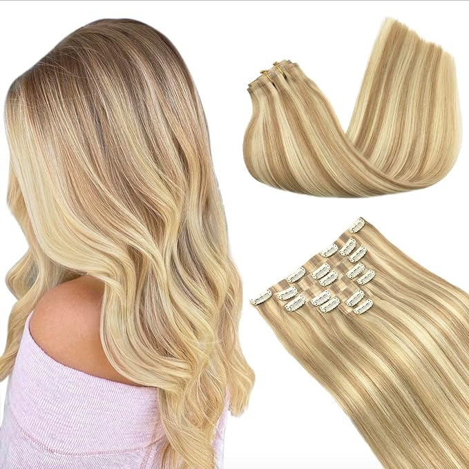 GOO GOO Clip in Hair Extensions Real Human Hair, Remy Human Hair Extensions Clip ins for Women, Natural Human Hair, 24inch 140g 7Pcs, #18A/613A Dark Blonde Highlighted Bleach Blonde