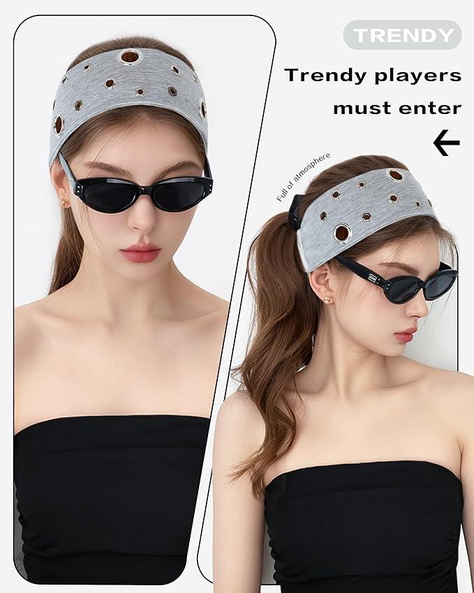 Grommet Headband for Women, Grey Star 23cm Hollow Out Elastic Hair Band, Eyelets Punk Grunge Stylish Hairband