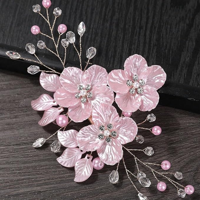 3 PCS Large Flower Bridal Wedding Hair Pins Crystal Pearl Hair Clips Headpiece Bride Hair Accessories Jewelry with Rhinestone, Glitter Emboss Pink Flower