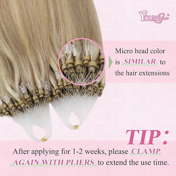 YoungSee Micro Link Hair Extensions Human Hair Blonde Microloop Hair Extensions Human Hair Highlight Blonde and Golden Blond Invisible Bead Hair Extension 20In 50g 50s for Date Nights