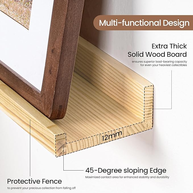 Picture Ledge Shelf, Solid Pine Wood Floating Shelves Set of 2, 32 Inches Nursery Book Shelves for Toys Storage, Kids Bookshelf Wall Mounted for Living Room Decor Photo Frames, Unfinished Natural