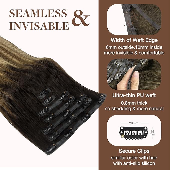 GOO GOO Clip in Hair Extensions Real Human Hair, Remy Human Hair Extensions Clip ins for Women, Natural Human Hair, 16inch 130g 7Pcs, 2/6/18 Balayage Brown to Dirty Blonde
