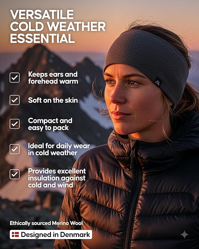 DANISH ENDURANCE Merino Wool Headband, with Thermal Inner Fleece, for Men and Women, Unisex, Black, XS/S