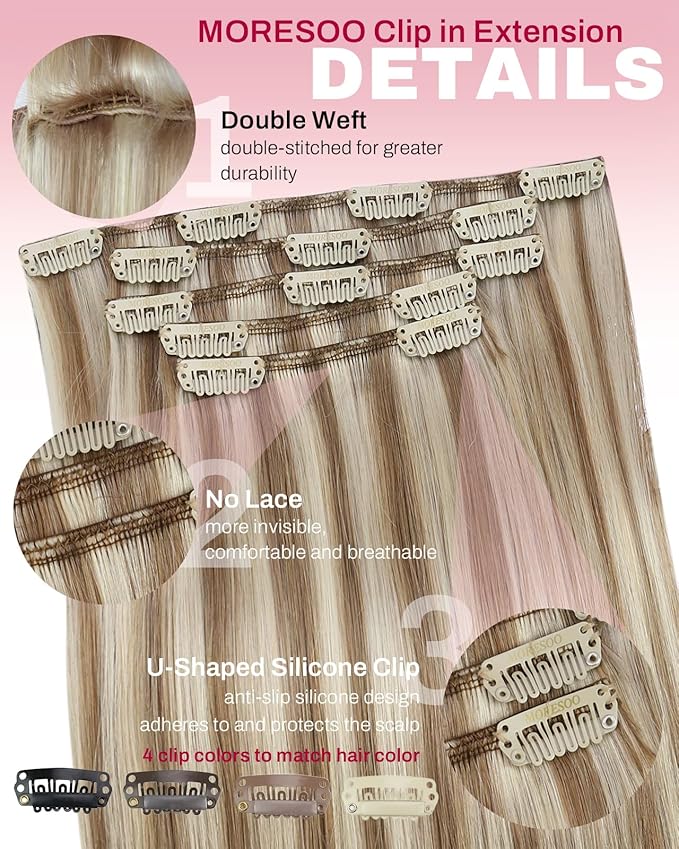 Moresoo Blonde Clip in Hair Extensions Highlights Platinum Blonde with Light Brown Hair Extensions Clip in Straight And Short Double Weft 80g/5pcs 10 inch