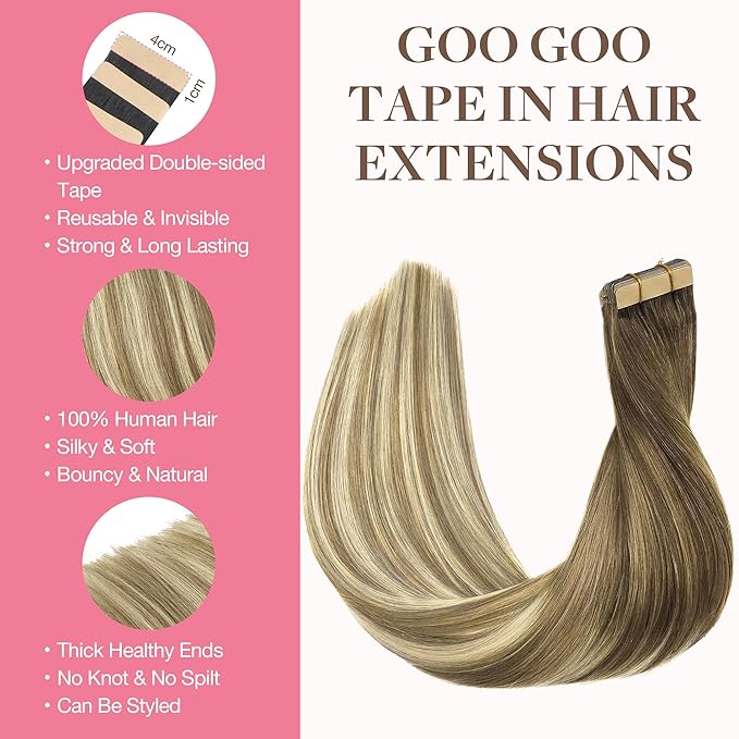 GOO GOO Tape in Hair Extensions Human Hair, 3/8/613 Walnut Brown to Ash Brown and Bleach Blonde, 26inch 60g 20pcs, Skin Weft Seamless Invisible, Silky Straight with Thick Ends, Remy Human Hair