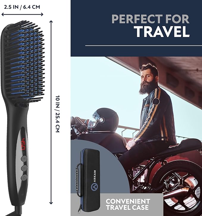 Arkam Beard Straightener for Men -Premium Heated Beard Brush Kit w/Anti-Scald Feature, Dual Action Hair Comb and Hard Shell Travel Case for Medium to Long Beards - Costume and Grooming Gifts for Men
