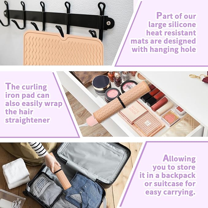 Oversize Silicone Heat Resistant Mat, Heat Mat with Velcro for Curling Iron, Travel Cover Cushion for Curling Irons, Hair Bands and Styling Tools(15.7" X 11.8") (Pink)