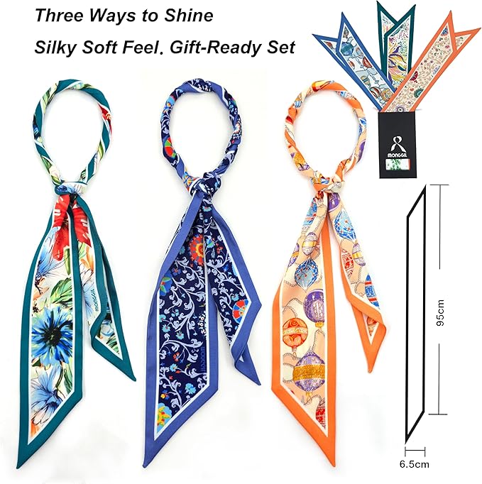 Skinny Scarf 3 Pack for Women – Bag Scarf, Silk Hair Scarves (Original Prints, Premium Twill, 3 Designs)