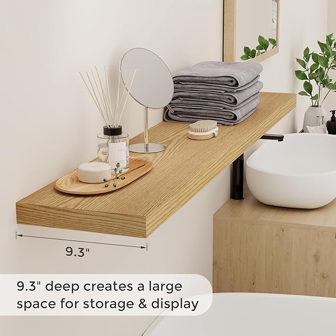 48 Inch Floating Shelves Set of 2, Rustic 48 x 9 Floating Shelf for Wall, 9 Inch Deep Bookshef Invisible Bracket, Wall-Mounted Deep Shelving for Bedroom, Kicten, Living Room, Oak Color
