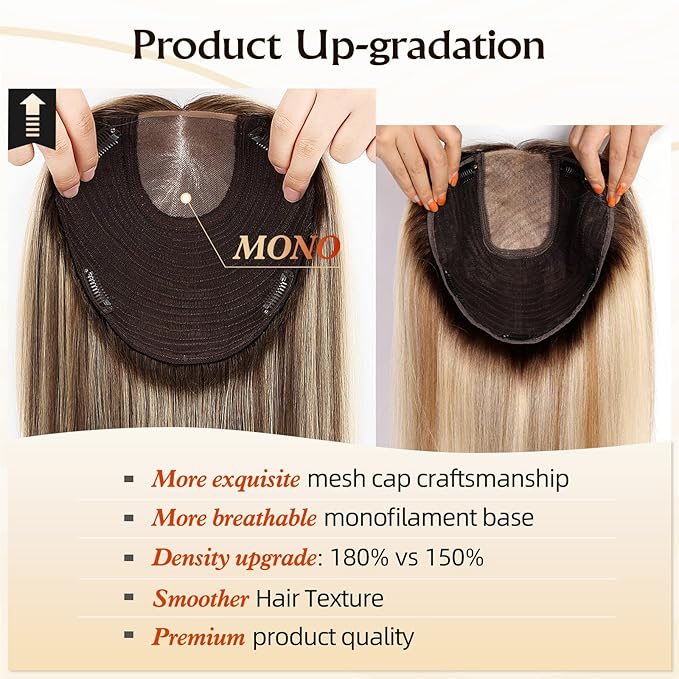 MONO TOP Hair Toppers for Women Human Hair 12 Inch 7"×8" Big Base Partial wig Cover Thinning Hair or Loss No Bangs Top Hair Pieces Natural Wiglets (Dark Brown Highlights)
