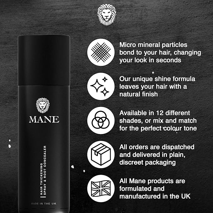 Mane Hair Thickening Spray & Root Touch Up, Instantly Thicker Hair for Men & Women, Fill in Hairlines and Hide Thinning and Fine Patches - Black, 12 Colors (6.76 oz)
