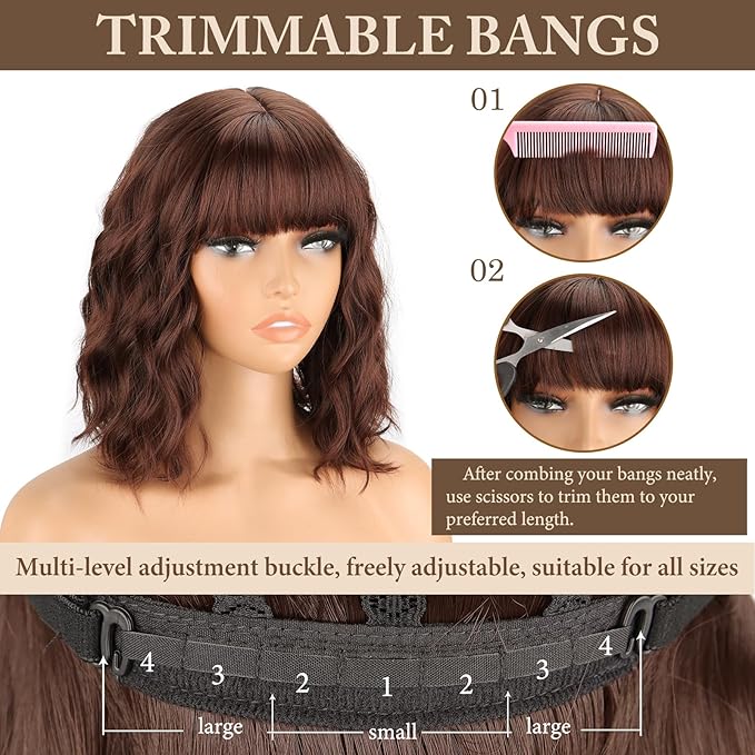 MISSQUEEN Brown Wavy Wigs With Bangs Curly Short Bob Wigs for Women for Heat Resistant Fiber Synthetic Colorful Wig for Daily Party Cosplay Chrismas Halloween Used