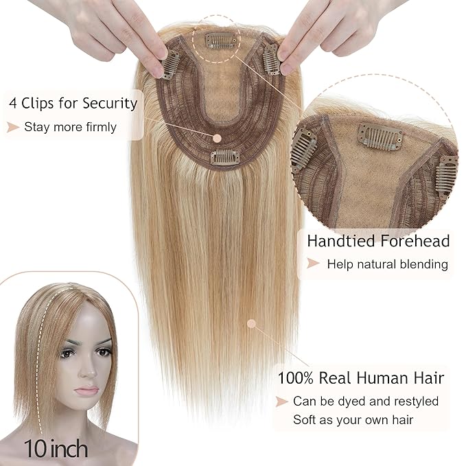 Hair Toppers for Women Real Human Hair No Bangs, 13 * 15 cm Larger Silk Base 150% Density Clip In Topper Hairpieces, Wiglet Top Pieces Add Volume -10 Inch 12P613 Golden Brown&Bleach Blonde
