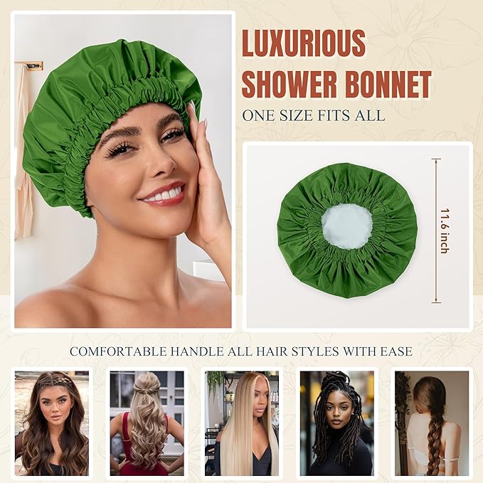 Reusable Shower Cap for Women, Stylish Large Waterproof Shower Bonnet Washable Wide Elastic Band Hair Cap for Long Hair, Braids Bath Hat(Sage)