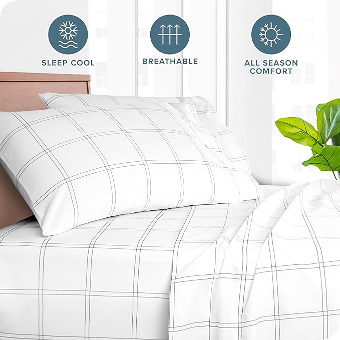 Bare Home Microfiber Pillow Cases - Standard/Queen Size Set of 2 - Cooling Pillowcases - Double Brushed - Pillowcases 2 Pack - Easy Care (Standard, Modern Plaid - White/Grey)
