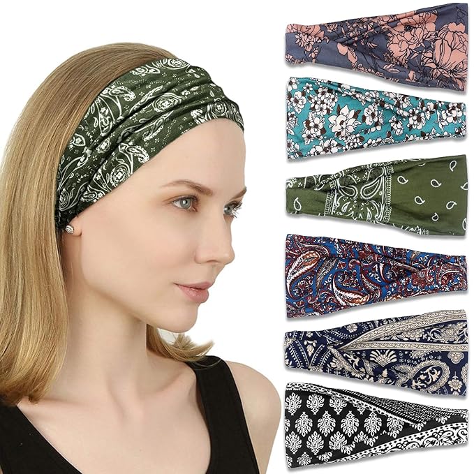 IVARYSS Headbands for Women, Non-Slip, Premium Stretchy Head Bands Hair Accessories,Wear for Yoga, Fashion, Working Out, Travel or Running, 6 Pack, Boho