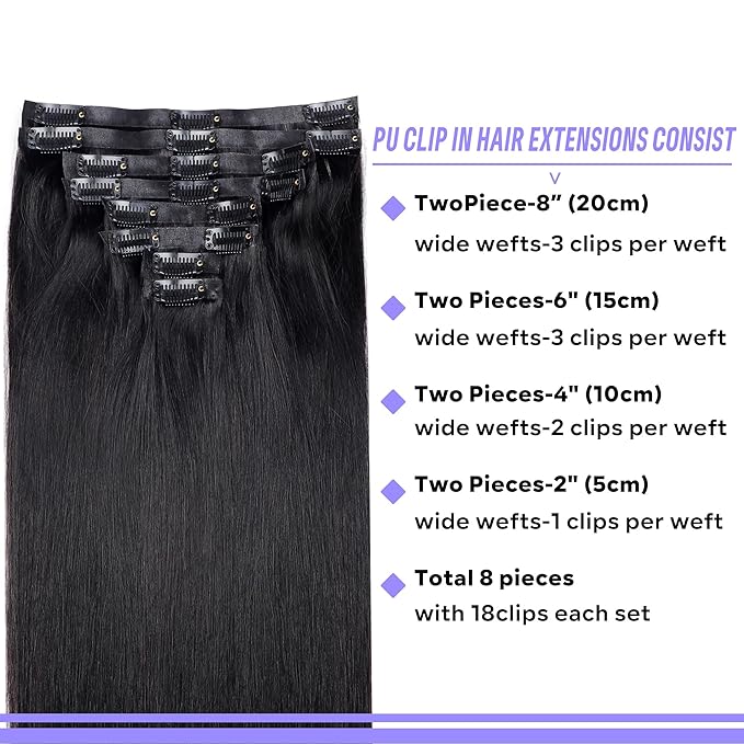 Seamless Clip in Hair Extensions Real Human Hair Straight Remy Human Hair Clip in Extensions for Women, Natural Soft Silk Straight Human Hair PU Thin Weft 8Pcs 120g 14inch Natural Black