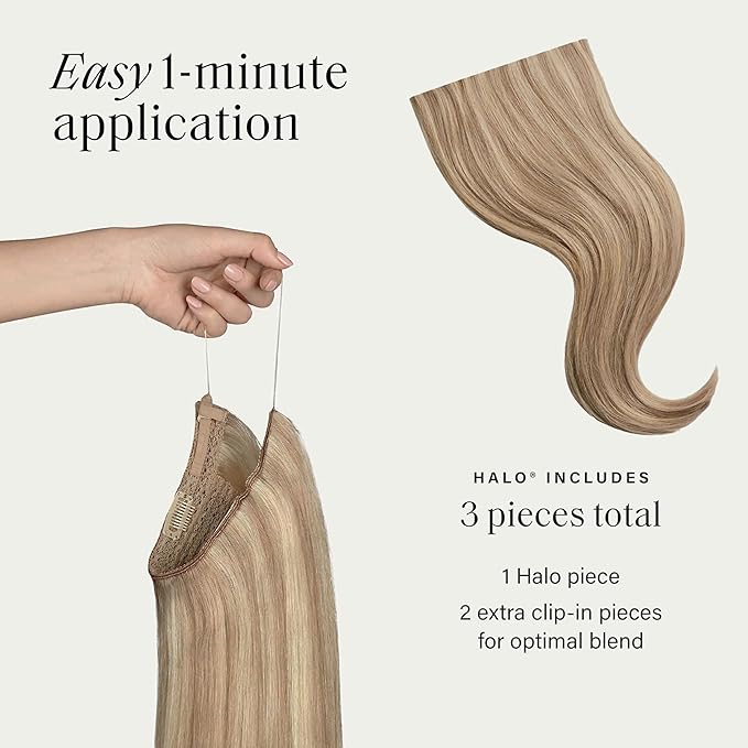 Luxy 100% Remy Human Hair – Halo Clip-In Hair Extensions –Natural Looking Volume & Length - One-Piece - Easy 5-Min Application 140 grams 16" Dimensional Natural Blonde