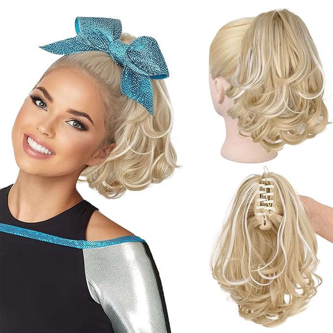 KooKaStyle Ponytail Extension, 10" Short Claw Clip in Pony Tails Hair Extensions Curly Wavy Synthetic Drawstring Hairpieces for Women(Blonde with White Highlights)