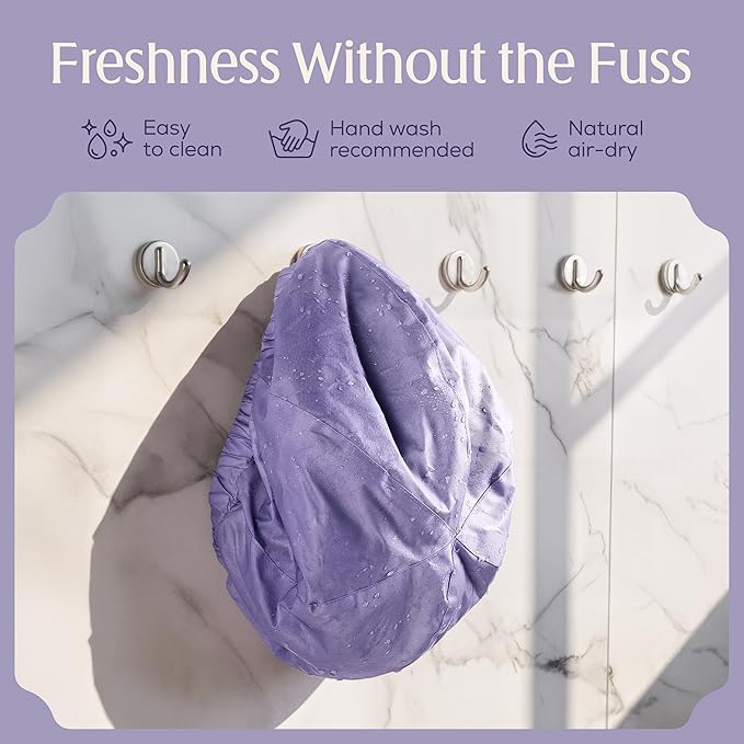 Premium Shower Cap for Women - 1000+ Showers, 100% Waterproof, Double-Sided, Large Shower Cap For Long Hair & Great For Curls (Anti-Frizz Terry Cloth Lining) (Lilac)