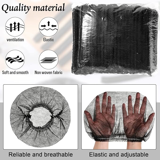 100 Pcs Disposable Nonwoven Bouffant Caps 21 Inch Hair Net Elastic Cap Hair Cover Hats for Beauty Salon Hospital Spa Catering Dust-free Workspace(Black)