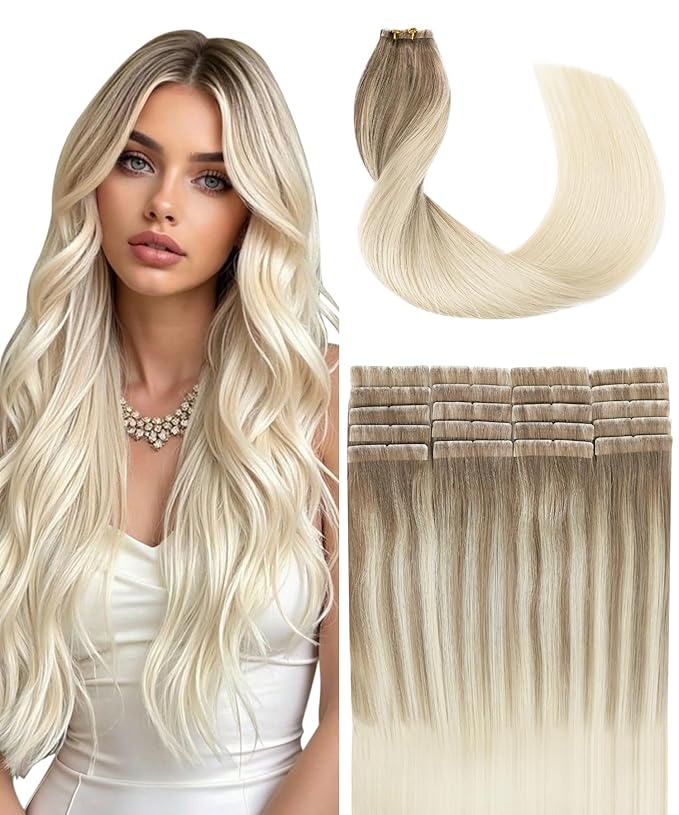 SURNEL Injected Tape in Hair Extensions Human 16Inch Ash Brown to Platinum Blonde Invisible Tape in Extensions 20 Pcs 35g(#860,16)