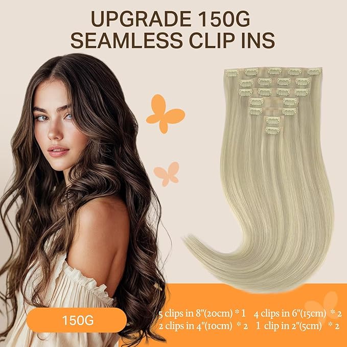 DOORES Clip in Hair Extensions, Real Human Hair, Ash Blonde Highlighted Platinum Blonde, 130g, 7pcs, 16 Inch, Invisible Edge