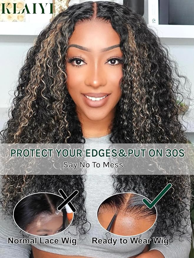 KLAIYI Ombre Highlight Blonde Water Wave Glueless Pre Everything 13x4 Lace Front Wigs Human Hair Drawstring Pre Plucked Pre Bleached Bye Bye Knots Curly Wig with Dark Roots Ready to Wear and Go 16Inch