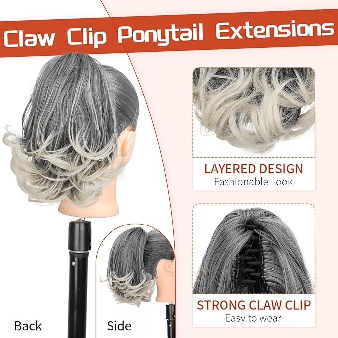 KooKaStyle Ponytail Extension, 10" Short Claw Clip in Pony Tails Hair Extensions Curly Wavy Synthetic Drawstring Hairpieces for Women(Gray and White Tips)