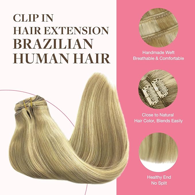 GOO GOO Clip in Hair Extensions Real Human Hair, Remy Human Hair Extensions Clip ins for Women, Natural Human Hair, 22inch 150g 9Pcs, 16/22 Light Blonde Highlighted Golden Blonde