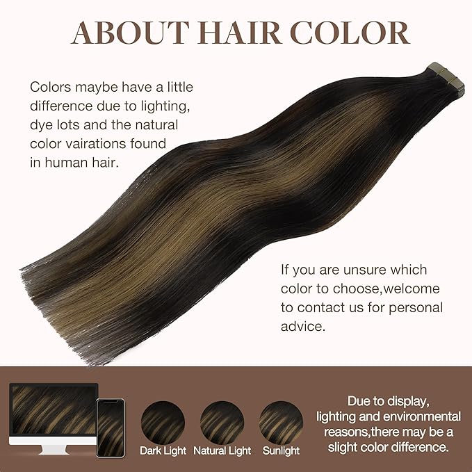 GOO GOO Tape in Hair Extensions Human Hair, 1B/6/1B Balayage Natural Black to Chestnut Brown, 24inch 50g 20pcs, Skin Weft Seamless Invisible, Silky Straight with Thick Ends, Remy Human Hair