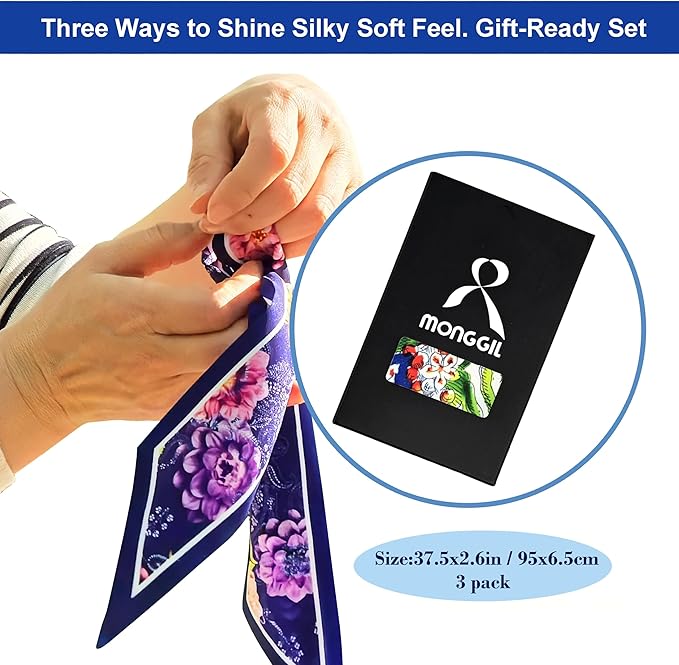 Skinny Scarf 3 Pack for Women – Bag Scarf, Silk Hair Scarves (Original Prints, Premium Twill, 3 Designs)