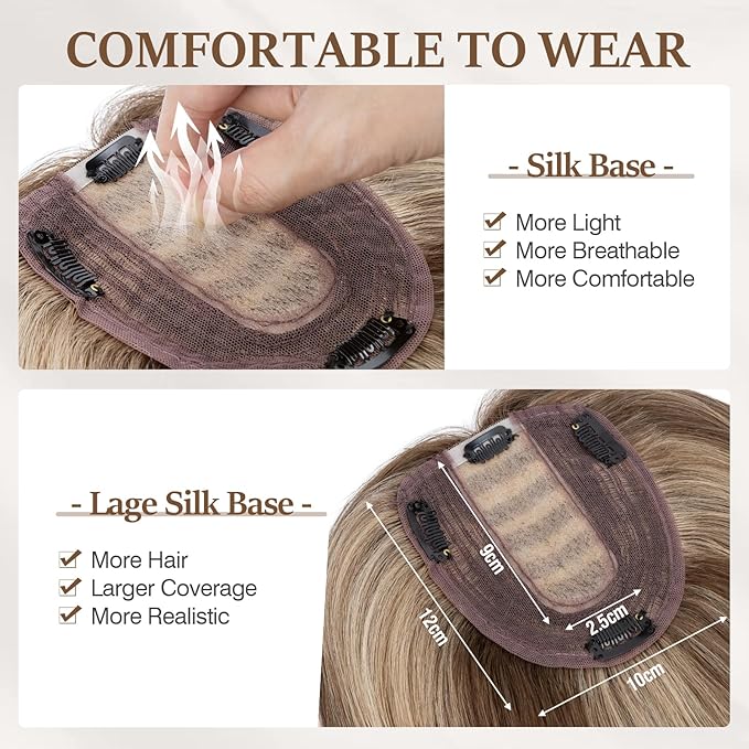 Rich Choices Hair Toppers for Women Real Human Hair 100% Human Remy Toppers NO Bangs with Thinning on Top Clip in Hairpiece 4"x4.7"Lace Base 10 Inch #4P27 Medium Brown Highlights Dark Blonde