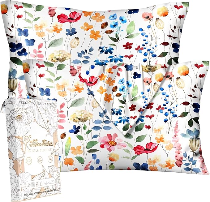 2 Pack Mulberry Silk Pillowcase for Hair and Skin - King Size 20 x 36 Inches with Hidden Zipper Watercolor Flower 19 Momme Soft Sleeping Silk Pillow Case for Women, Moms