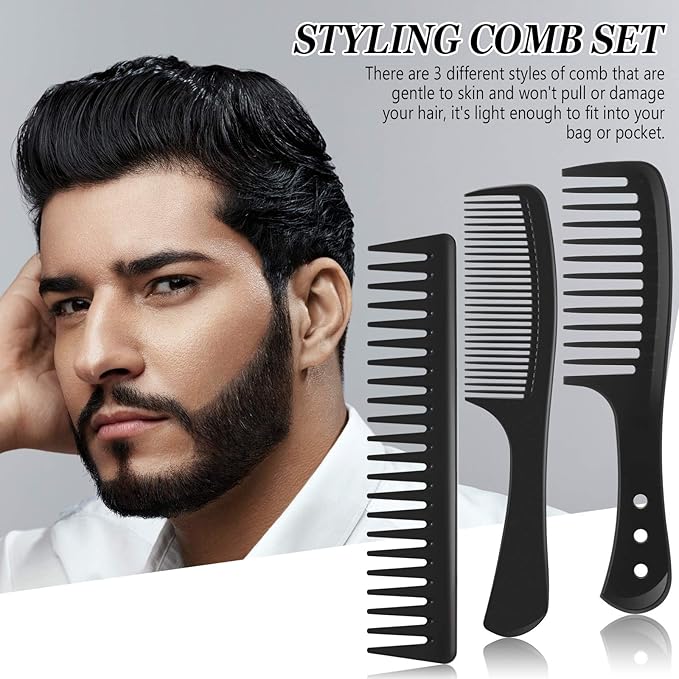 Patelai 3 Pieces Wide Tooth Detangling Hair Comb Styling Set, Carbon Fiber Styling Cutting Comb Anti Static Heat Resistant for Women Curly Straight Long Hair, Black