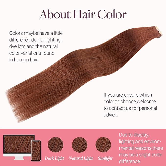 GOO GOO Tape in Hair Extensions Human Hair, #33B Dark Auburn Copper, 18inch 100g 40pcs, Skin Weft Seamless Invisible, Silky Straight with Thick Ends, Remy Human Hair