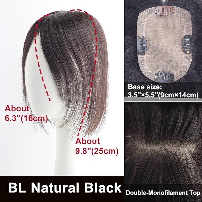 Real Human Hair Topper Pieces Double-Monofilament Top Hand-Tied Mid Length for WomenThinning Hair BHADS914 (BL Natural Black × Hair Length:9.8"(25cm), Base Size:3.5"×5.5"(9cm×14cm))