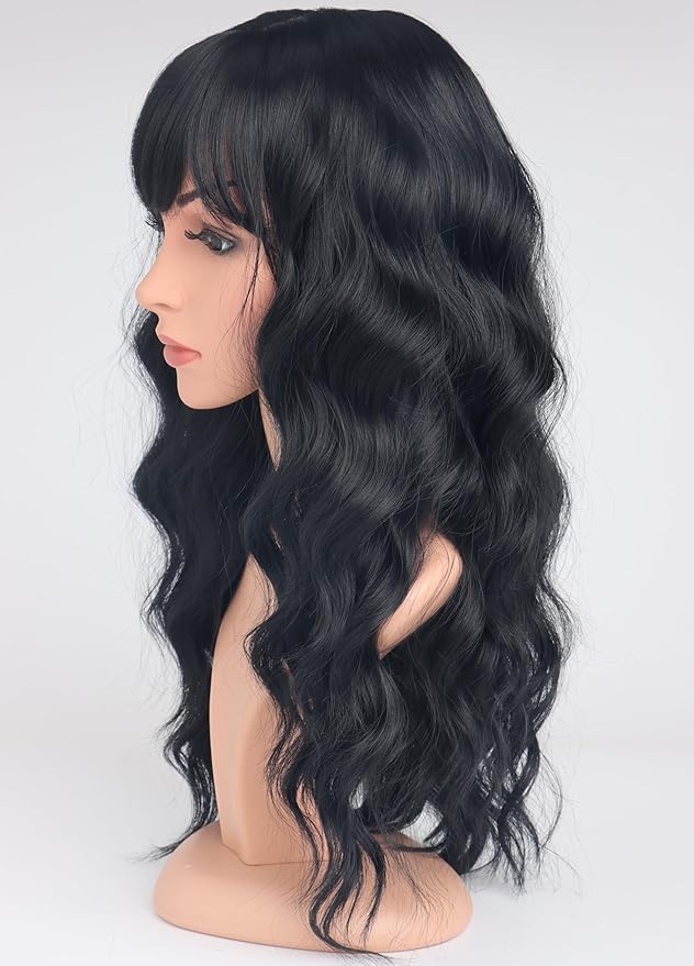 Black Wavy Wigs with Bangs for Women Glueless Black wigs Synthetic Long Black Wigs Natural Looking Heat Resistant for Daily Party Use 18 Inches