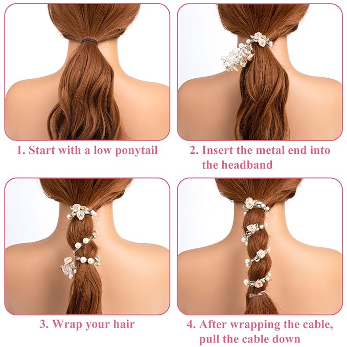 4PCS Rose Bead Spiral Hair Ties, 2 Colors Floral Phone Cord Ponytail Holders for Women, Elegant Rubber Hair Coils, Stylish Hair Accessories for Party, Daily Use - White, Pink Flower