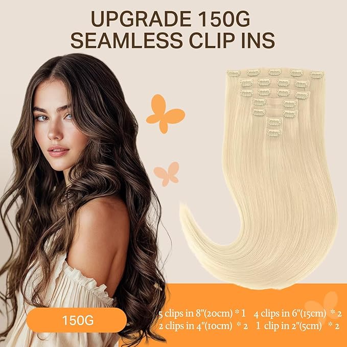 DOORES Seamless Clip-in Hair Extensions, Real Human Hair, Bleach Blonde 130g 7pcs 16 Inch, Straight, Invisi Edge