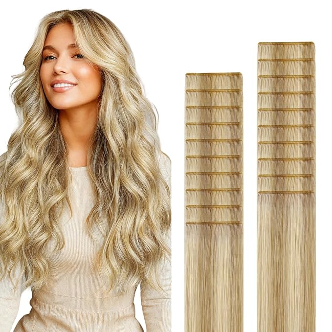 GOO GOO Genius Tape in Hair Extensions, Hand Tied Tape Weft, 16/22 Light Blonde Highlighted Golden Blonde, 18inch 50g 20pcs, Remy Human Hair, Seamless Invisible Tape, Natural Blend, Lightweight