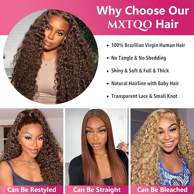 Chocolate Brown 13x6 Lace Front Wigs Human Hair 200 Density Deep Wave HD Lace Front Wigs Curly Glueless Wigs Pre Plucked 13x6 Frontal Human Hair Wigs for Women (26 Inch)