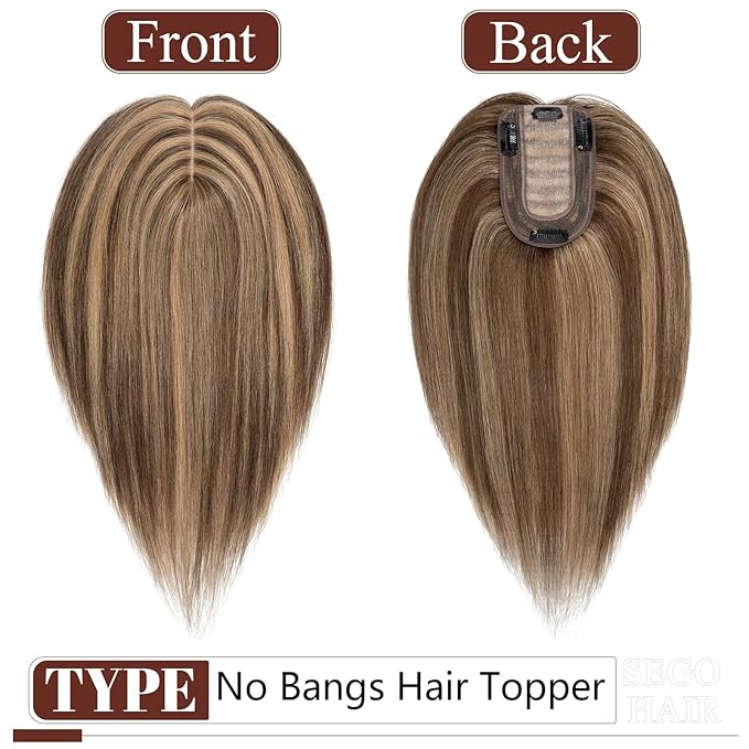 SEGO Real Human Hair Topper for Women without Bangs, Hair Topper with Anti-Slip Clips (8 Inch#4/27 Medium Brown Mix Dark Blonde)