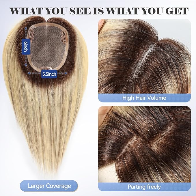 HAIRCUBE Hair Toppers for Women 100% Real Human Hair, Ombre Blonde with Brown Highlight, 6"*5.5"MONO Large Base,65g Hand-moven Real Human HairToppers for Women with ThinningHair